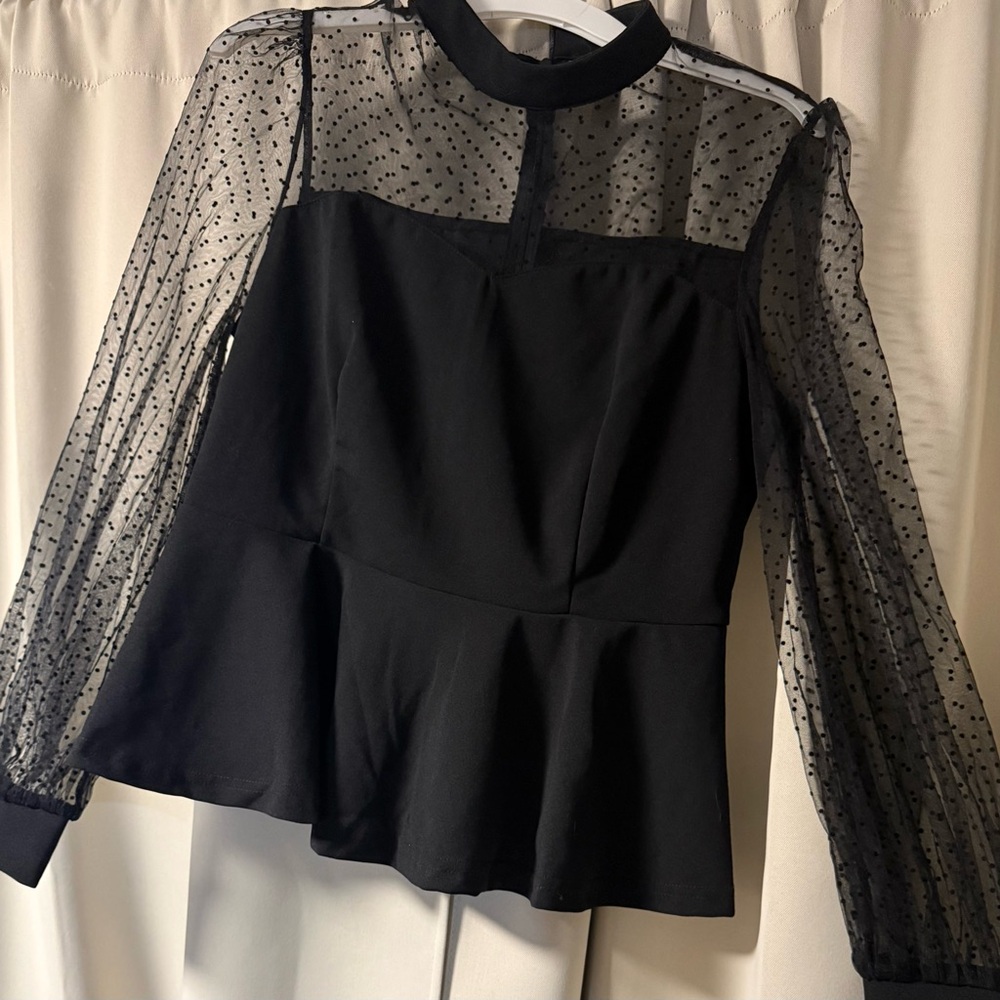 Black Sheer Sleeve Sweetheart Peplum Top